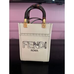 Fendi Mini Sunshine Tote White with Crystal Logo & Tortoiseshell Handles